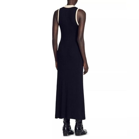 SANDRO Black White Ribbed Knit Beige Button Placket Gabriel Maxi Dress Size 38 - Picture 6 of 16
